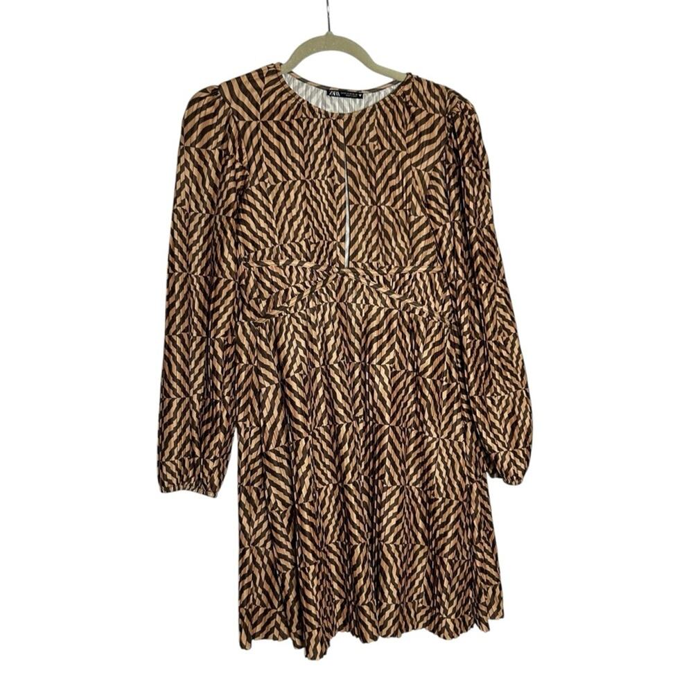 Zara‎ Brown & Tan Zigzag Stripe Geometric Long Sleeve Crinkle Mini Dress Medium